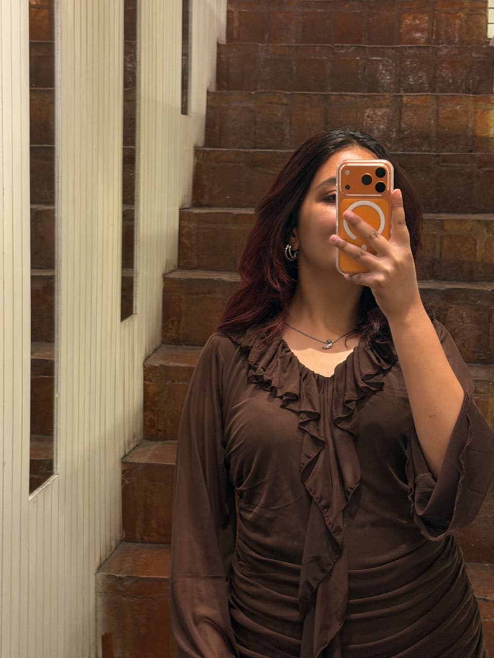 Customer photo 2 of Solid Color Ruffle Hem Long Sleeve Mini Dress In Coco Curve & Plus