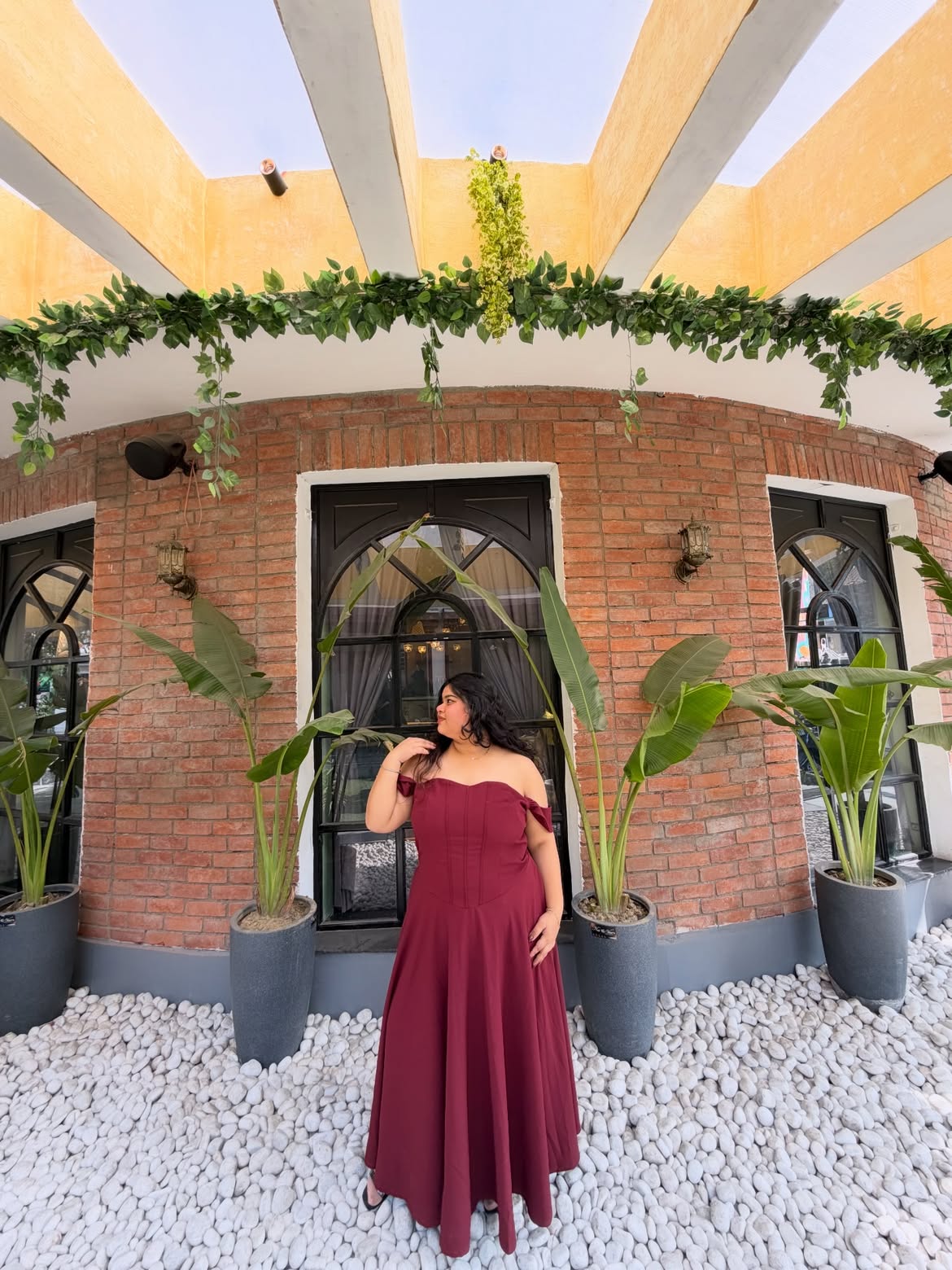 Customer photo 2 of Maroon Faux Fishbone Design Romantic One-Shoulder Dress Curve & Plus