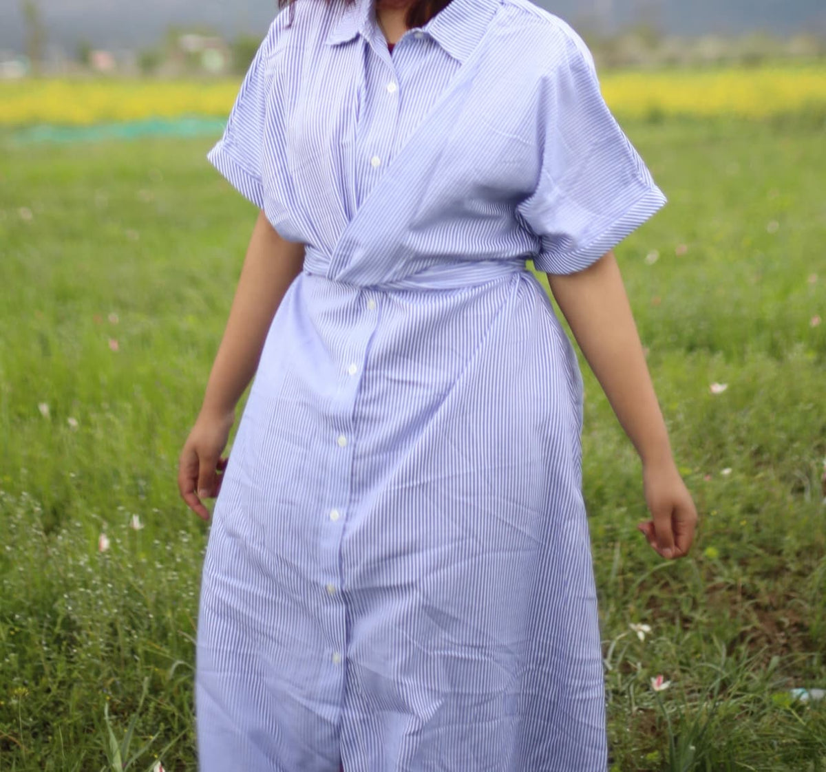 Customer photo 1 of Blue Striped Collared Button-Down Twist Front Midi Dress Curve & Plus