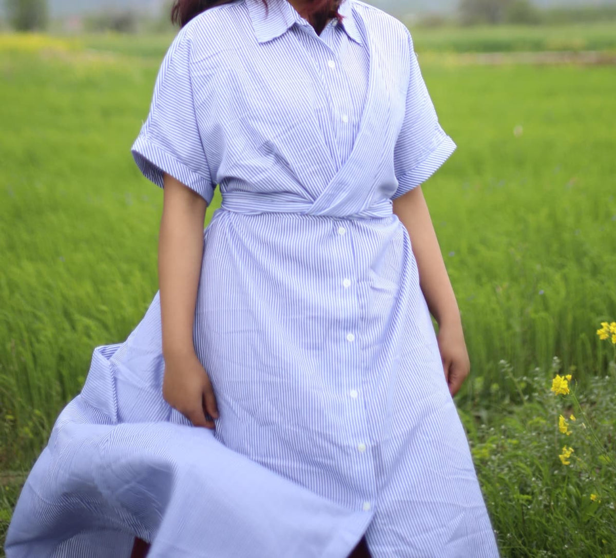 Customer photo 3 of Blue Striped Collared Button-Down Twist Front Midi Dress Curve & Plus