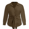 Collar Knotted Long Sleeve Shirt Curve & Plus in Chocolate Fondae