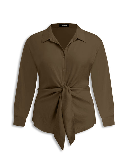 Collar Knotted Long Sleeve Shirt Curve & Plus in Chocolate Fondae