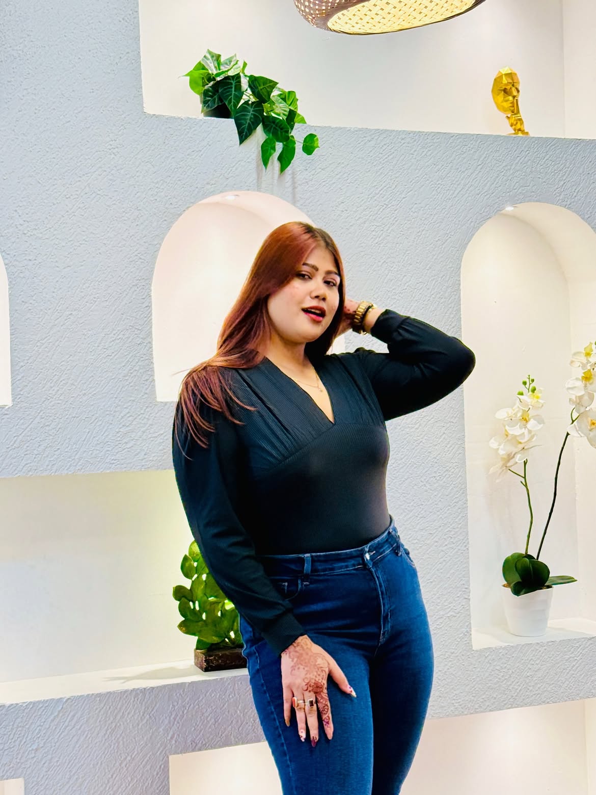 Customer photo 3 of Satin V-neck Tie Back Long Sleeve Top Curve & Plus in Black