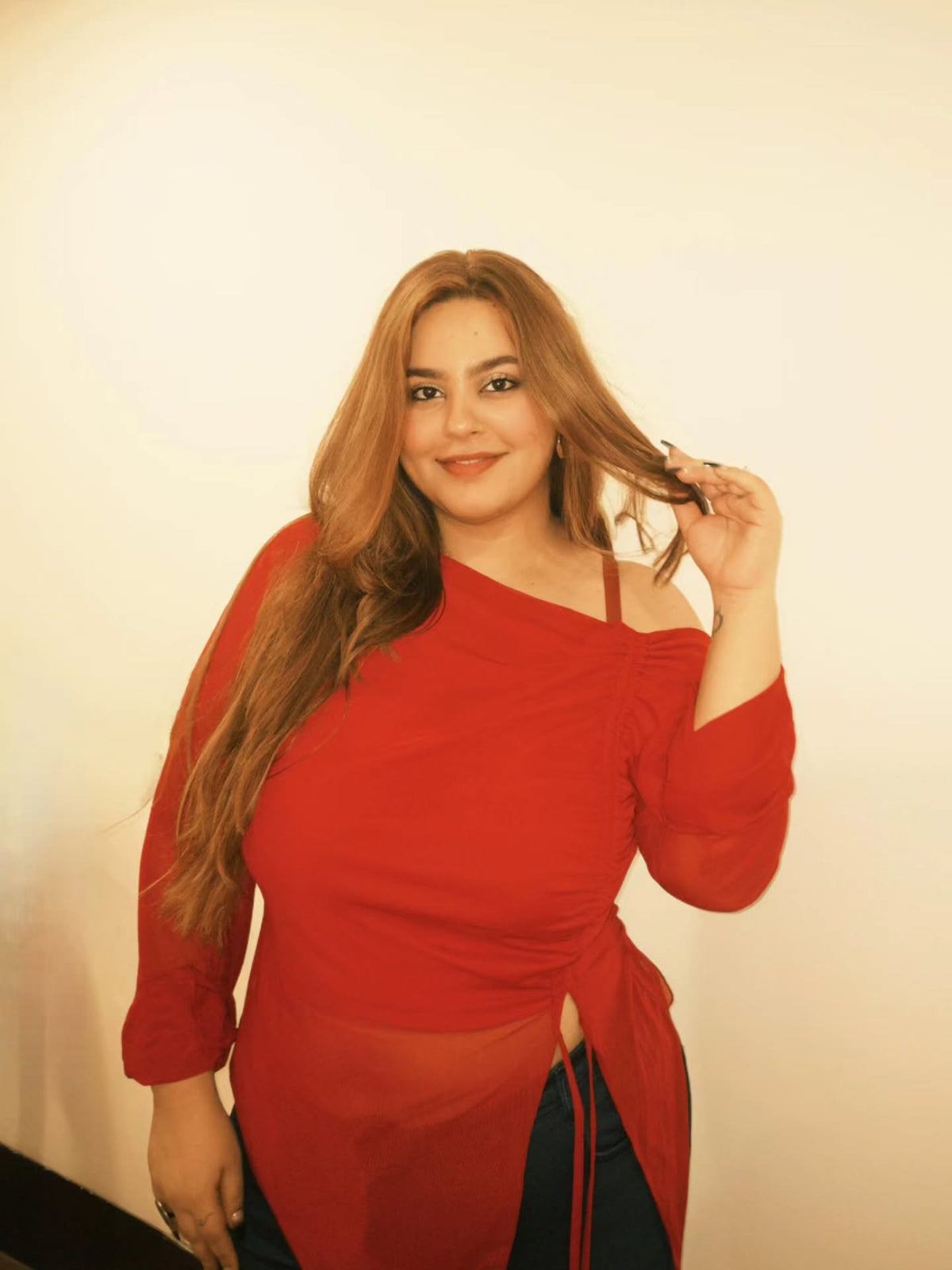 Customer photo 2 of Mesh Drawstring Side Top Curve & Plus in Dark Red