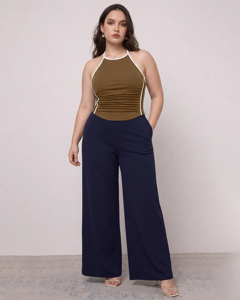 Sporty Ruched Halter Neck Racerback Top Curve And Plus in Brown