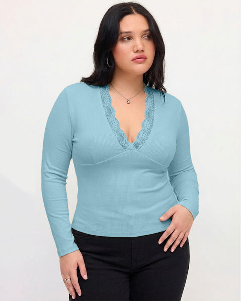 Solid V Neck Long Sleeve Lace Top Curve and Plus in Powder Blue