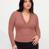Solid V Neck Long Sleeve Lace Top Curve and Plus in Dusty Pink