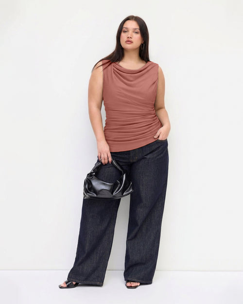 Solid Ruched Round Neck Crop Top Curve and Plus In Dusty Pink