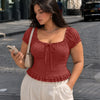 Ruched Half Sleeves Button Front Peplum Top Curve and Plus in Merlot