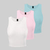 Pack of 3 Solid Color Ribbed Tank Tops in Light Blue, Pink, White Front View For Women | Littlebox India