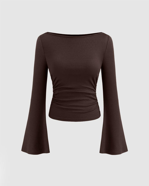 Chocolate brown boat neck top with long bell sleeves and ruched detailing, perfect for stylish and comfortable wear 