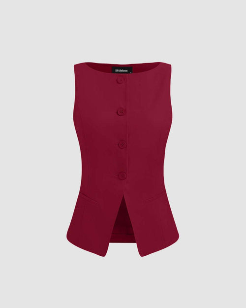 Front view of Women's burgundy vest with buttons, featuring a boat neck design, perfect for layering in cooler weather.