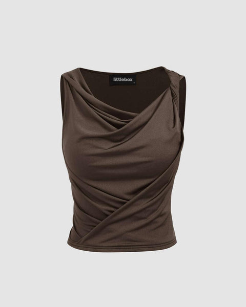 Party Cowl Neck Sleeveless Draped Top in Brown Front View For Women | Littlebox India