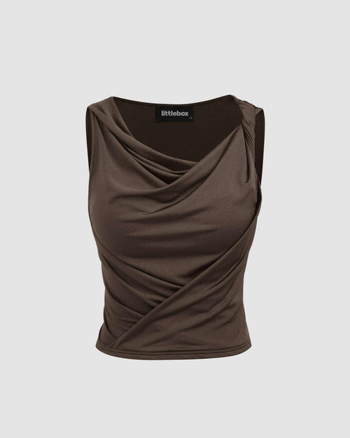 Front view of Brown party cowl neck knotted sleeveless crop tank top featuring a stylish draped neckline