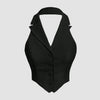 Front view of summer solid black halter sleeveless top featuring a button-front design, structured tailoring, and a classic collared neckline