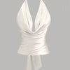 Party Halter Neck Draped Slim Fit Satin Top in White Front View For Women | Littlebox India