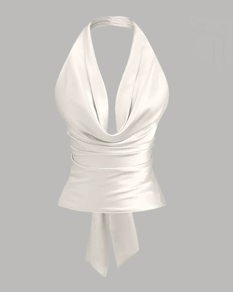 Party Halter Neck Draped Slim Fit Satin Top in White Front View For Women | Littlebox India