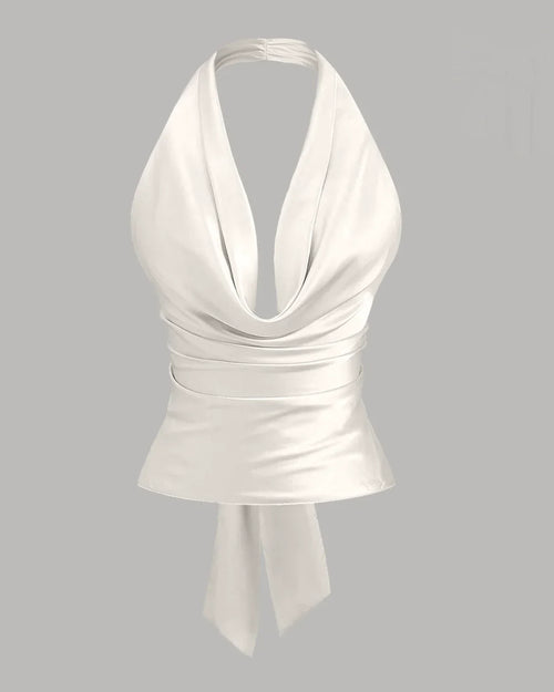 Party Halter Neck Draped Slim Fit Satin Top in White Front View For Women | Littlebox India