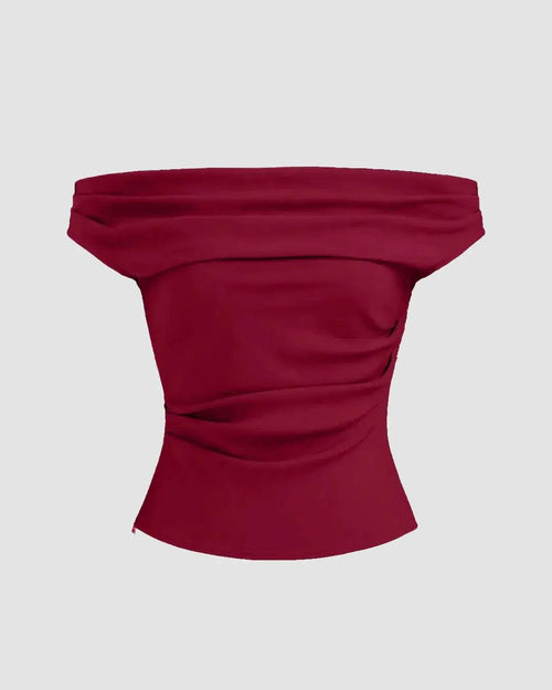 Front view of Solid redberry off-the-shoulder top with a ruched design, showcasing a stylish and feminine silhouette