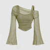 Green off-shoulder top with sheer long sleeves, featuring a stylish mesh design for a trendy look