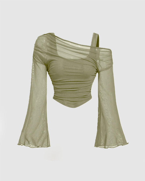 Party Off Shoulder Ruched Flared Full Sleeve Top in Green Front View For Women | Littlebox India
