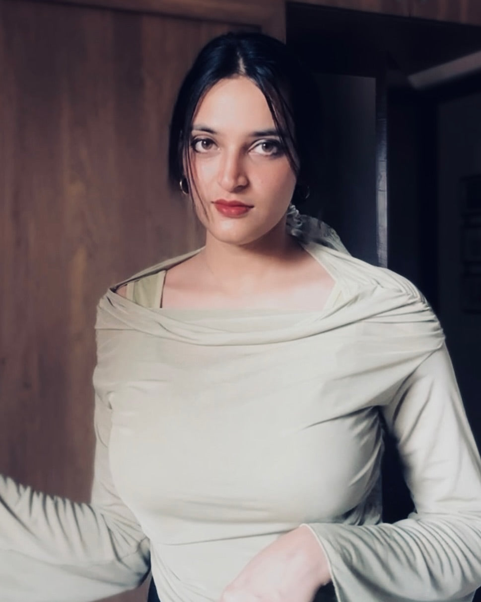 Customer photo 2 of Party Off Shoulder Ruched Flared Full Sleeve Top in Green