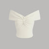 Front view of Off-shoulder ruched milky white crop top showcasing its elegant design and soft fabric
