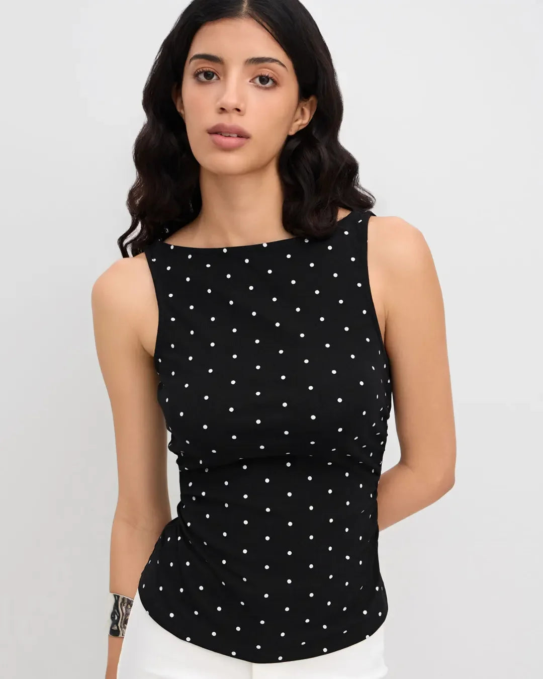 Polka Dot Ruched Sleeveless Top in Black - Littlebox India