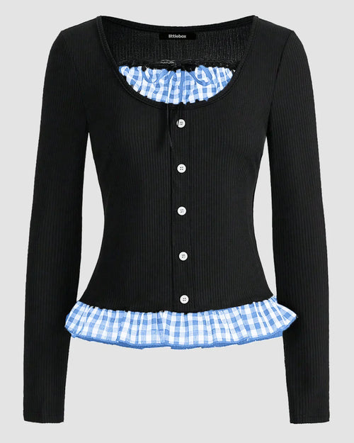 Front view of Black round neck top with ribbed texture, button-down front and contrast gingham trim detail for casual everyday styling