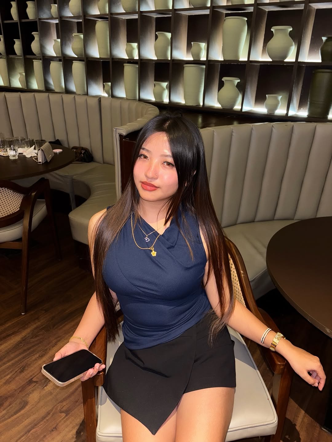 Customer photo 3 of Party Round Neck Ruched Sleeveless Top in Navy Blue