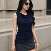 Party Round Neck Ruched Sleeveless Top in Navy Blue On Model For Women | Littlebox India