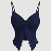 Front view of women's navy blue swimsuit featuring a ruffled top and a twist front crisscross design