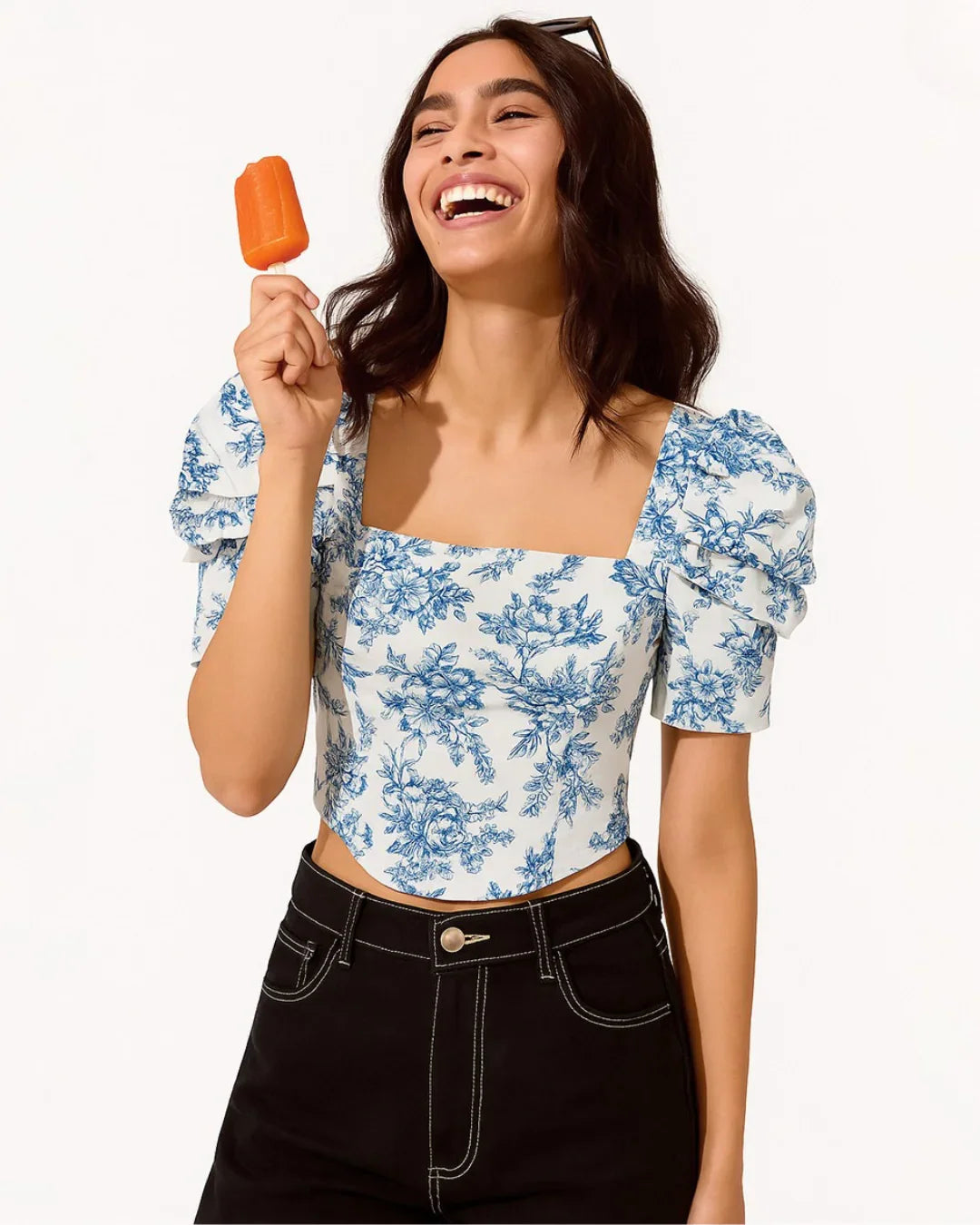 Party Floral Crop Top in Blue and White - Littlebox India