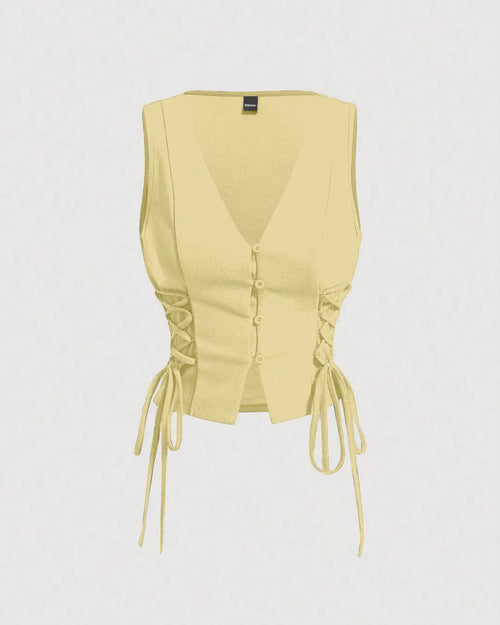 Party V Neck Button Front Cropped Tank Top in Yellow Front View For Women | Littlebox India