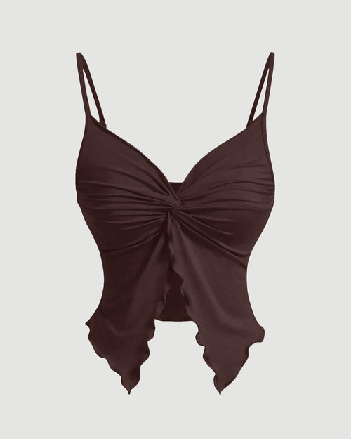 Party V Neck Ruched Sleeveless Flared Hem Top in Brown Front View For Women | Littlebox India