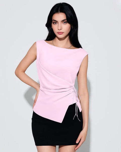 Women wearing Side tie top with wrap-style front, soft fabric and adjustable knot detail for a flattering and modern everyday look.