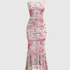 Pink Floral Ruched Spaghetti Strap Bodycon Midi Dress Front View for Women | Littlebox India