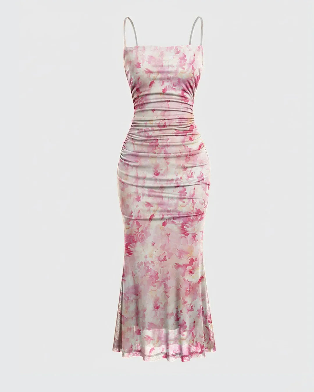 Pink Floral Ruched Spaghetti Strap Bodycon Midi Dress