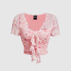 Pink Romantic Printed Lettuce Trim Tie Front Crop Top Front View For Women | Littlebox India