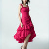 Pink Ruched Square Neck Ruffle High-Low Midi Dress with Ruffle Hem On Model for Women | Littlebox India
