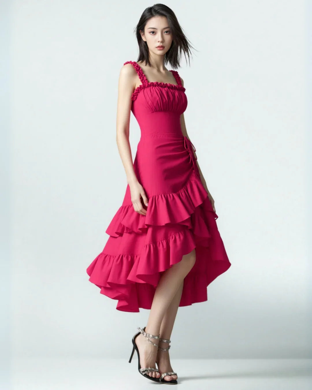 Pink Ruffle High-Low Midi Dress with Ruffle Hem Littlebox India