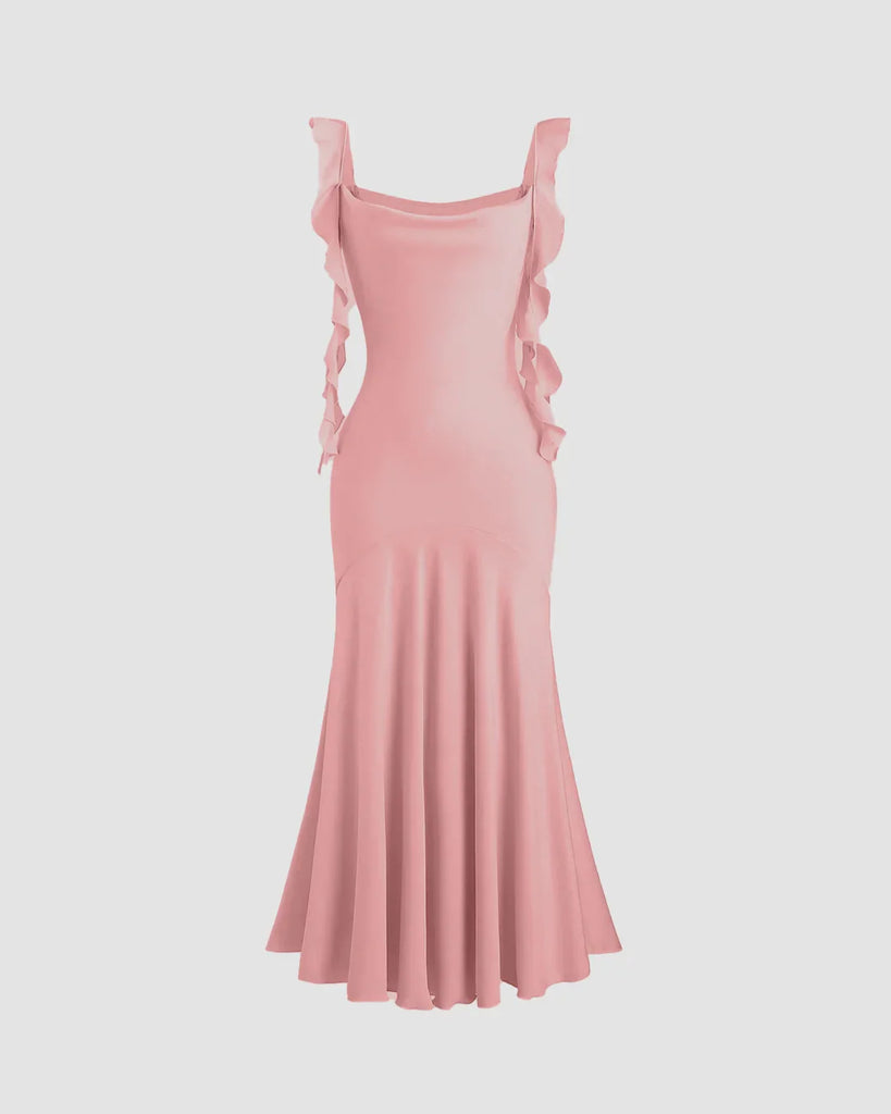 Pink midi dress featuring ruffled shoulder straps and a fishtail hem, elegantly designed for a stylish look.
