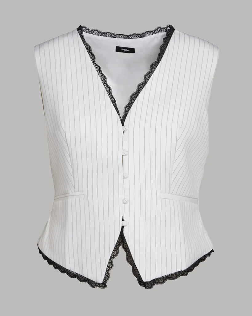White pinstripe tailored waistcoat featuring black and white stripes, designed for a formal look.