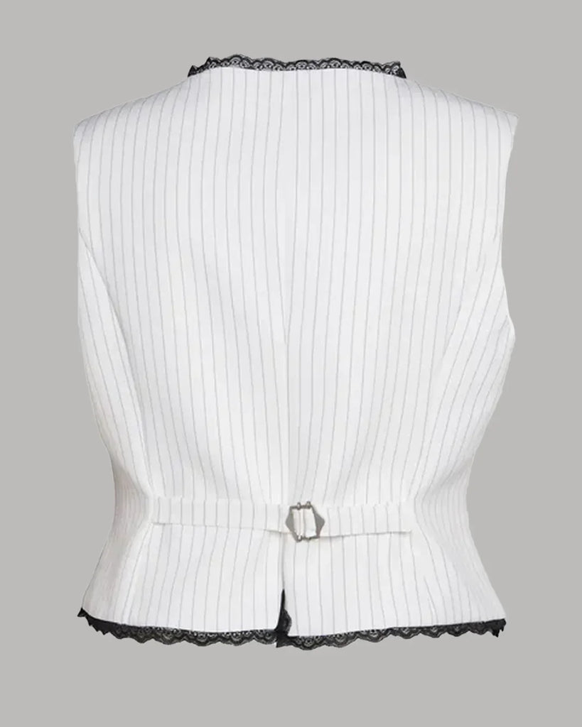 Back view of a White pinstripe tailored waistcoat featuring black and white stripes, designed for a formal look.
