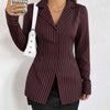 Front view of dark wine colour shirt with pinstripe pattern and collared neckline, featuring long sleeves and a tailored fitted silhouette