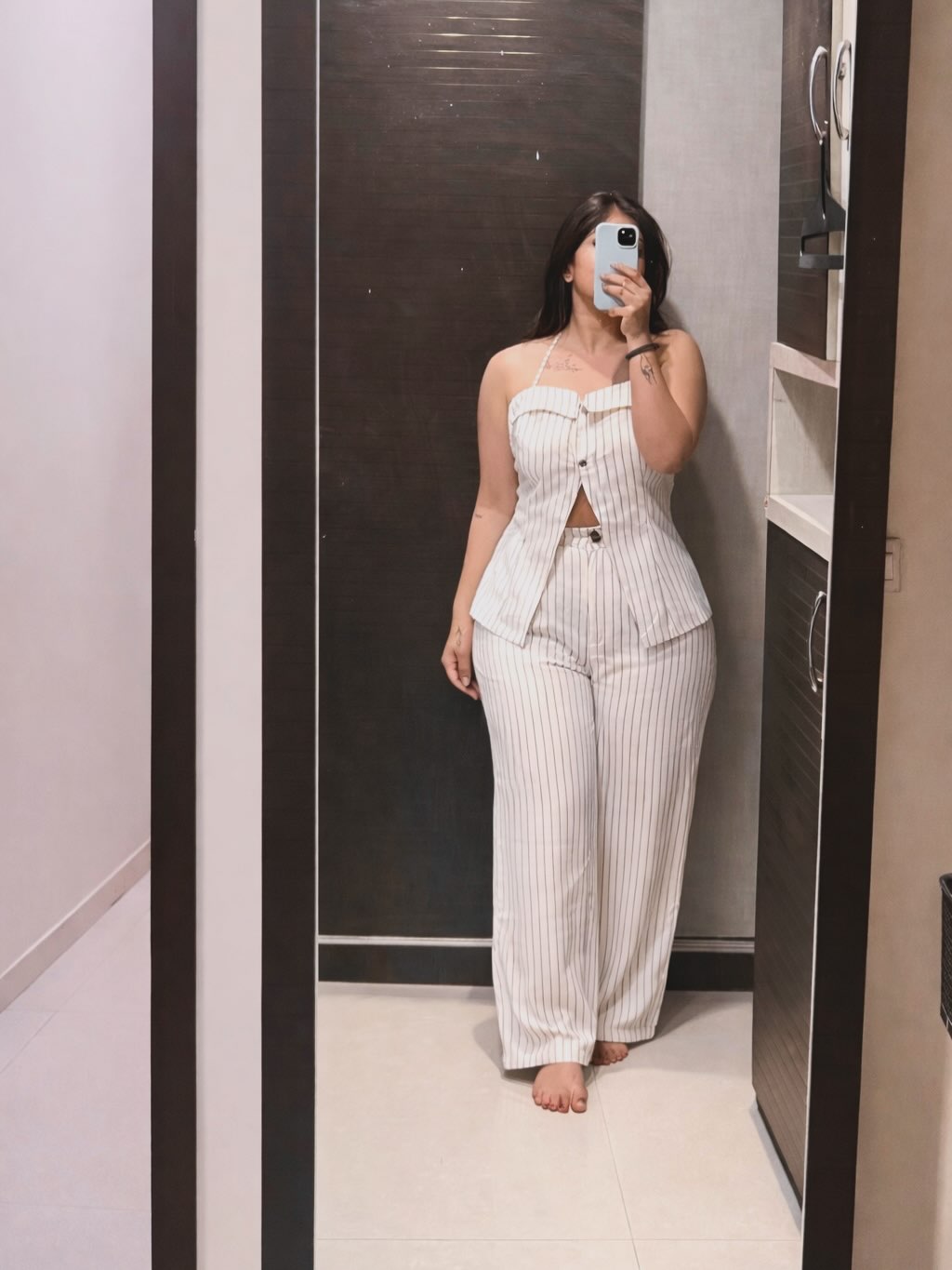 Customer photo 2 of Pinstriped Halter Neck Sleeveless Top And Pants Set In Off-White