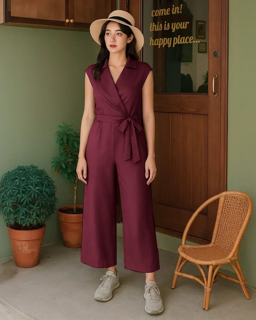 Burgundy cotton jumpsuit featuring a plain collar, pockets, and a belt, designed for comfort and style.
