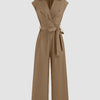 Plain Collar Jumpsuit With Pockets And Belt In Mud Brown Front View For Women | Littlebox India