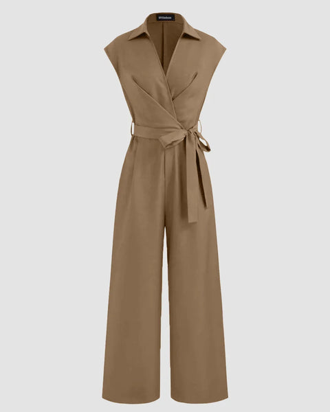 Plain Collar Jumpsuit With Pockets And Belt In Mud Brown Front View For Women | Littlebox India