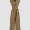 Plain Collar Jumpsuit With Pockets And Belt In Mud Brown